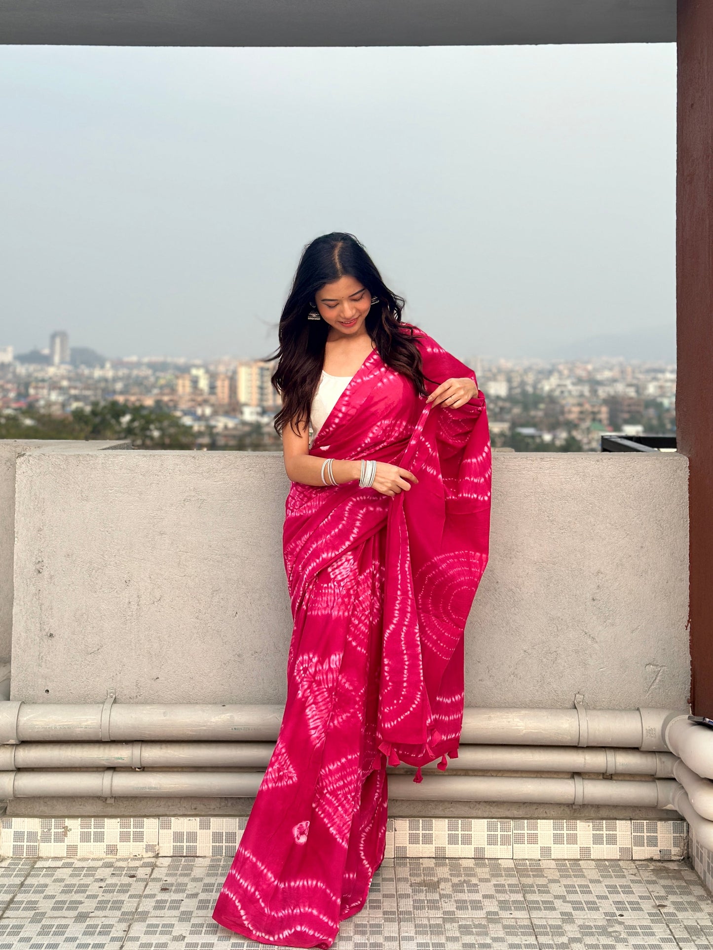 Raani Pink - Tie & Dye Shibori Print Natural Dyed - Mulmul Cotton Saree