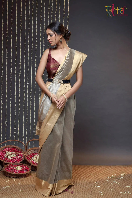 Brown Handloom Chanderi Pure Silk Saree With Gold Border