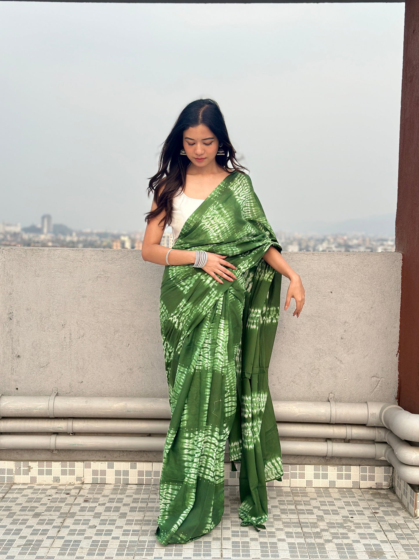 Dhaani- Green Tie & Dye Shibori Print Natural Dyed - Mulmul Cotton Saree