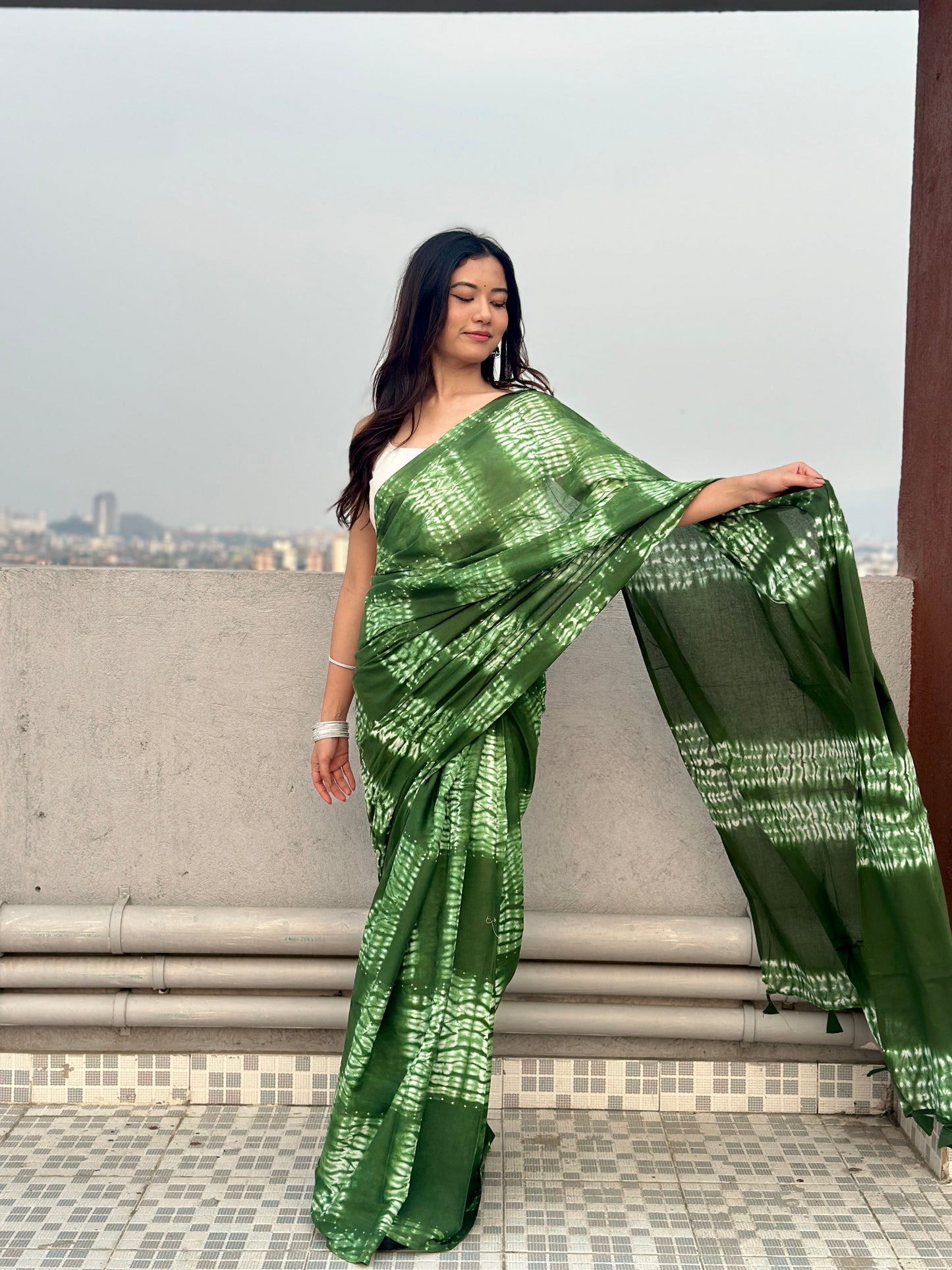Dhaani- Green Tie & Dye Shibori Print Natural Dyed - Mulmul Cotton Saree