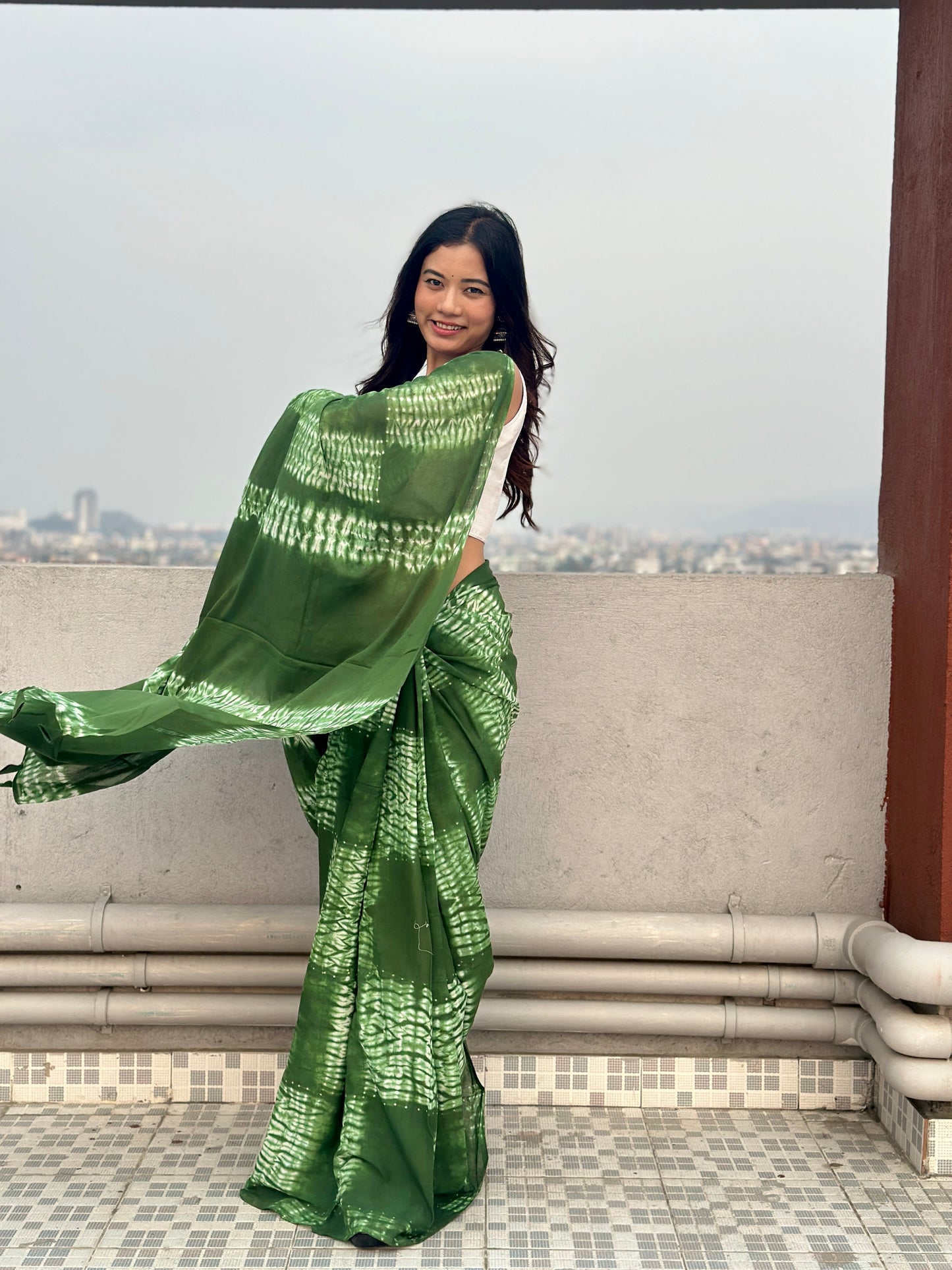 Dhaani- Green Tie & Dye Shibori Print Natural Dyed - Mulmul Cotton Saree