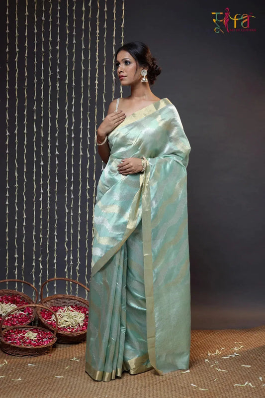 Pistachio Green Handloom Katan Silk Chanderi Saree With Zari