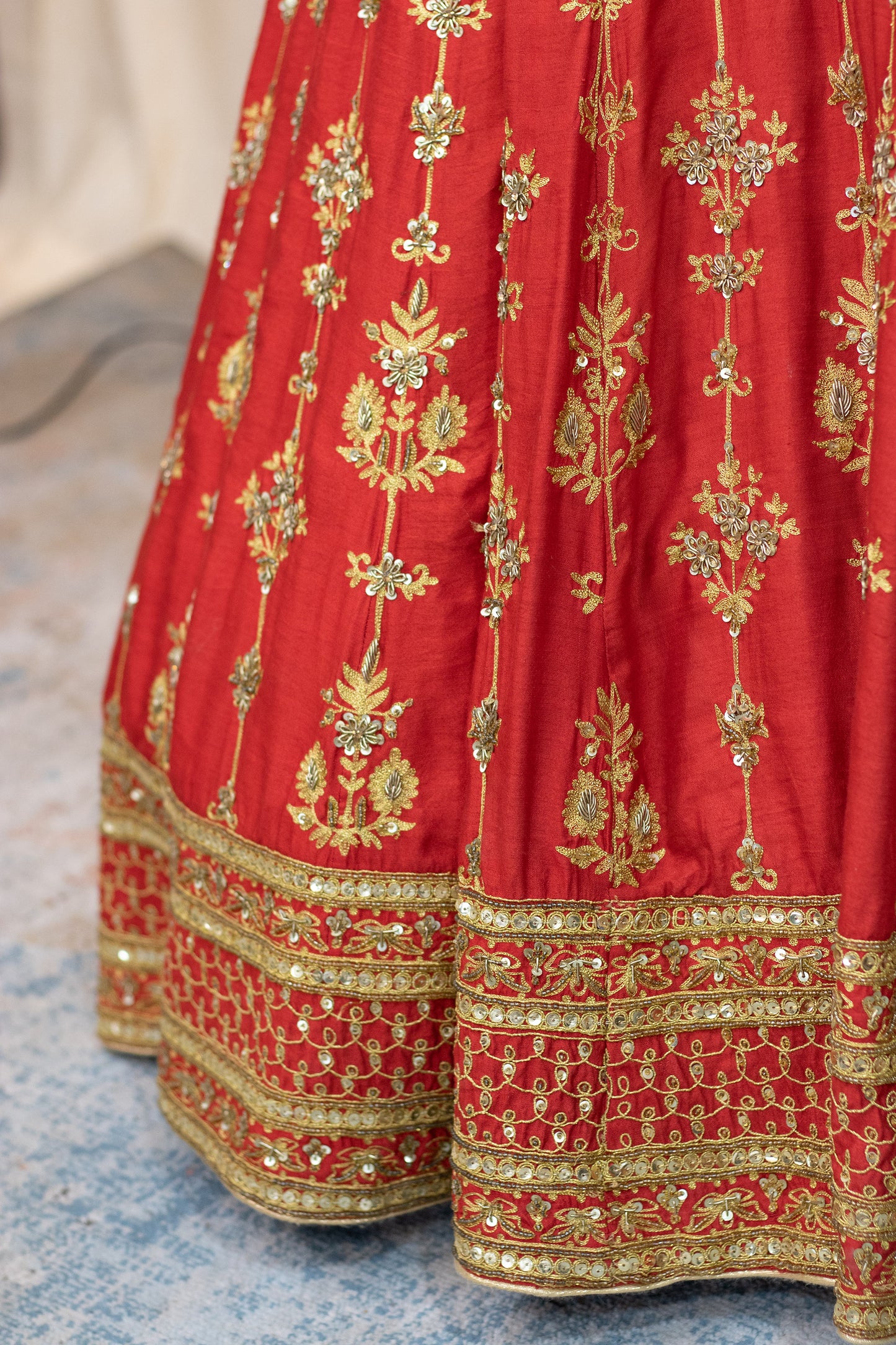 Red Chanderi Hand Embroidered Designer Bridal Lehenga