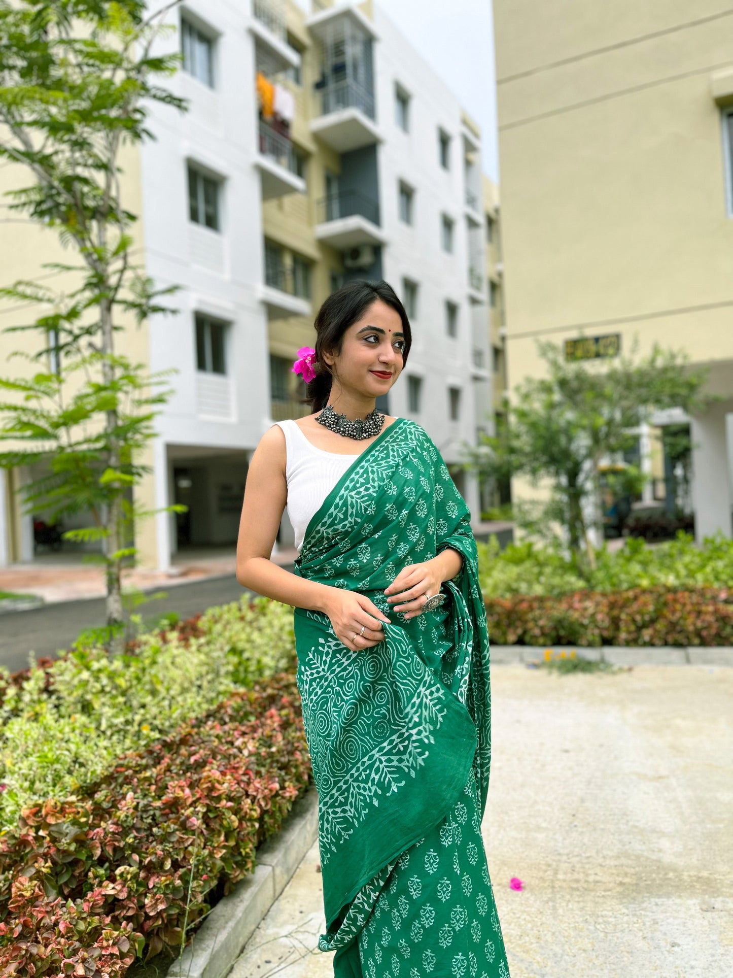 Hari Bhari - Green Handblock Print Natural Dyed - Mulmul Cotton Saree
