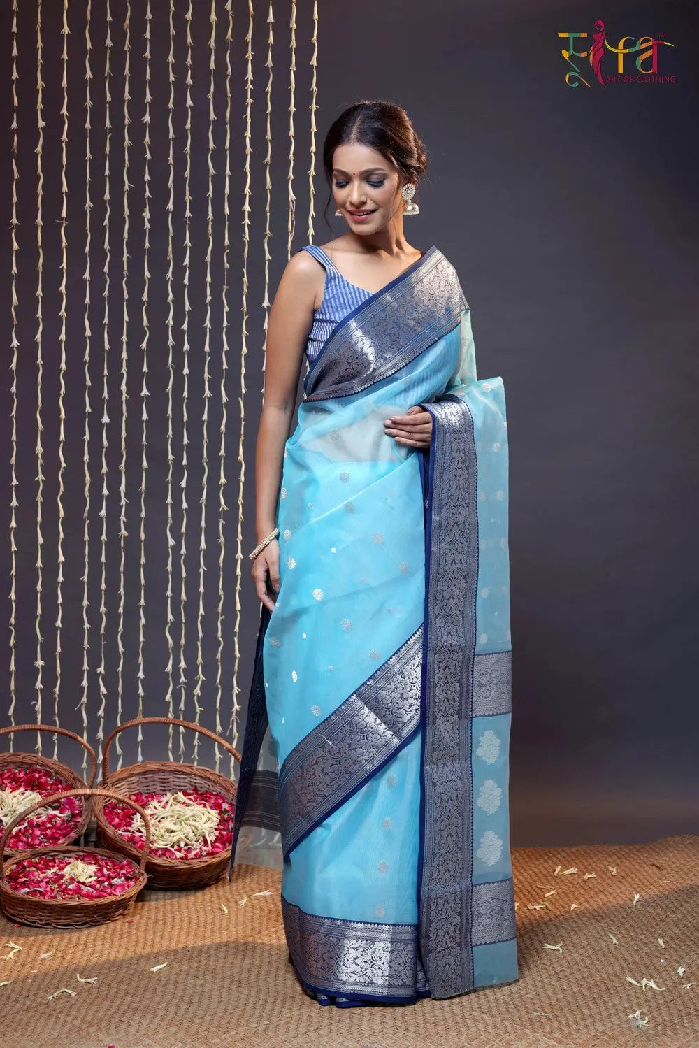 Handloom Sky Blue Katan Silk Chanderi Saree With Navy Blue Border