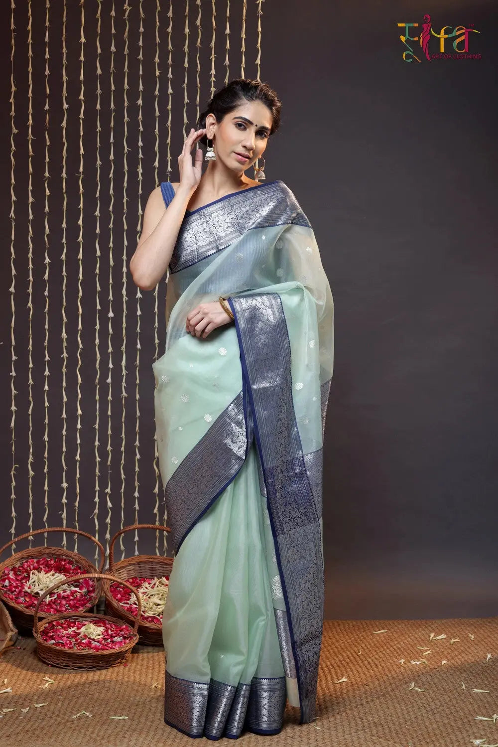 Handloom Pastel Green Katan Silk Chanderi Saree With Navy Blue Border