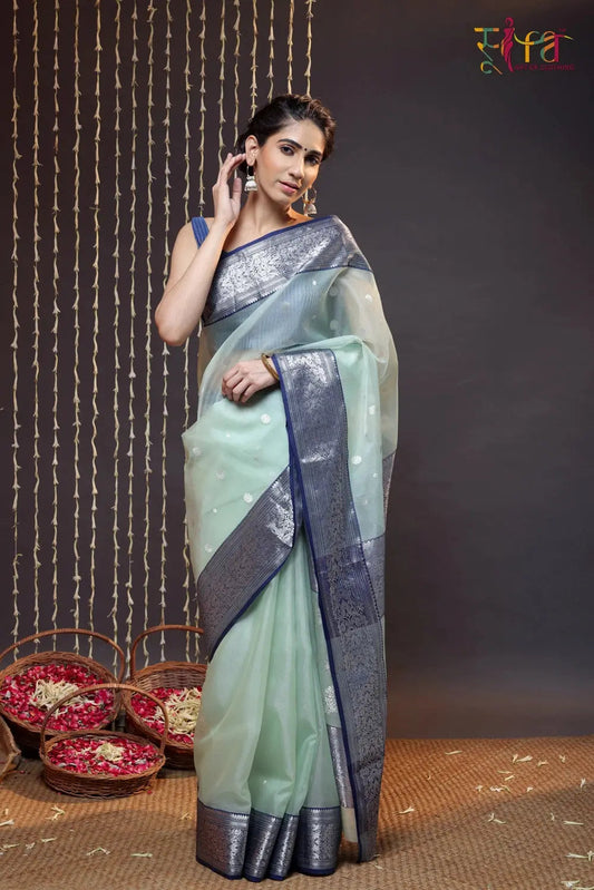 Handloom Pastel Green Katan Silk Chanderi Saree With Navy Blue Border