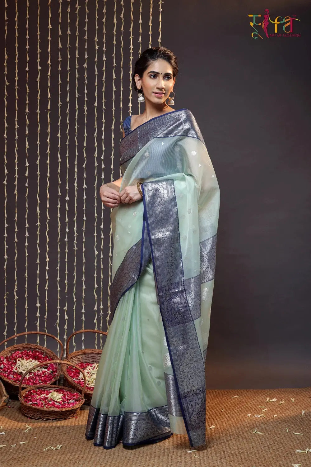 Handloom Pastel Green Katan Silk Chanderi Saree With Navy Blue Border