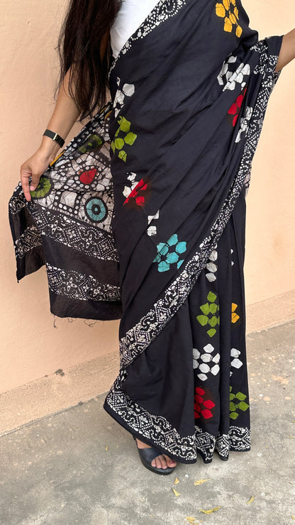 Be My Mystry - Mulmul Cotton Block Printed Black Saree