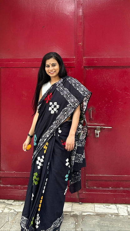 Be My Mystry - Mulmul Cotton Block Printed Black Saree