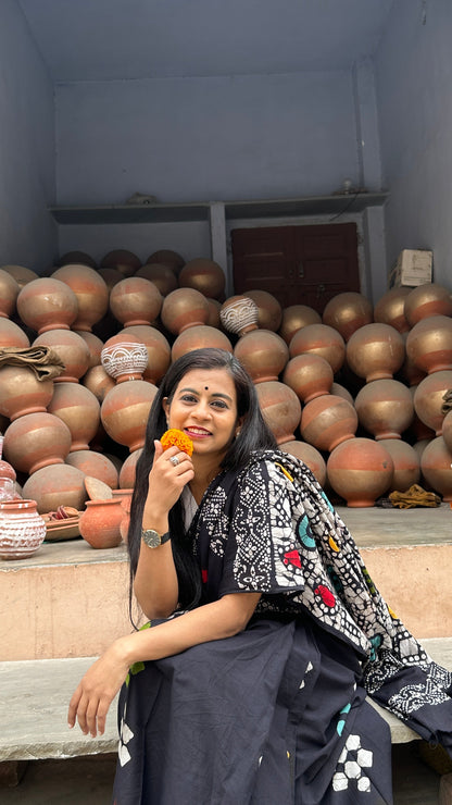 Be My Mystry - Mulmul Cotton Block Printed Black Saree