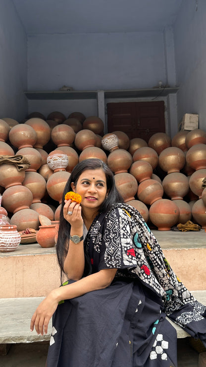 Be My Mystry - Mulmul Cotton Block Printed Black Saree