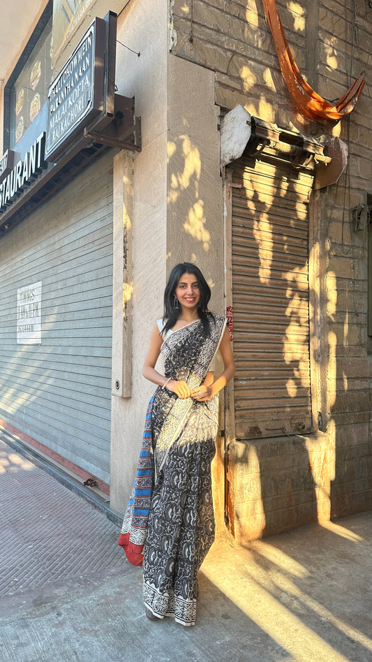 Raina - A Night of Elegance and Mystery - Handblock Print Natural Dyed - Mulmul Cotton Saree