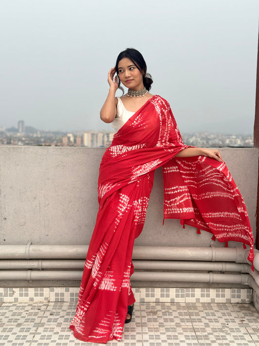 Narangi - Tie & Dye Shibori Print Natural Dyed - Red Mulmul Cotton Saree