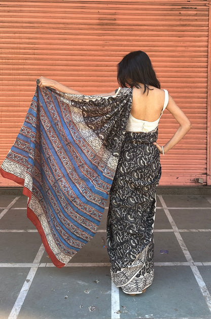 Raina - A Night of Elegance and Mystery - Handblock Print Natural Dyed - Mulmul Cotton Saree