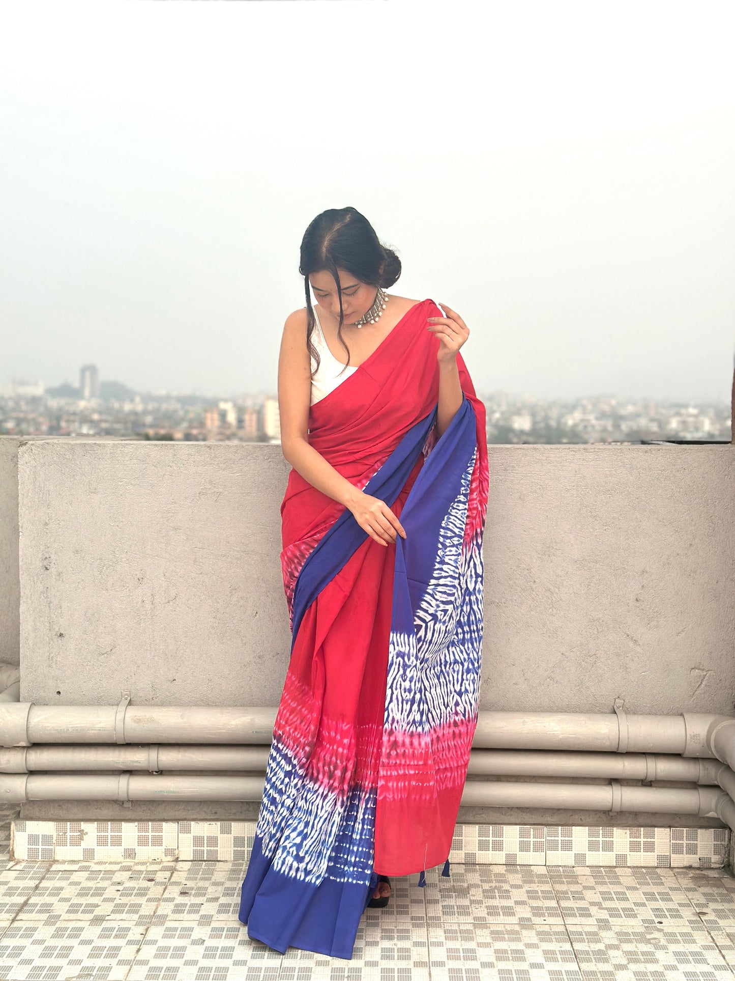 Gulmohar - Red Tie & Dye Shibori Print Natural Dyed - Mulmul Cotton Saree
