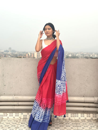 Gulmohar - Red Tie & Dye Shibori Print Natural Dyed - Mulmul Cotton Saree