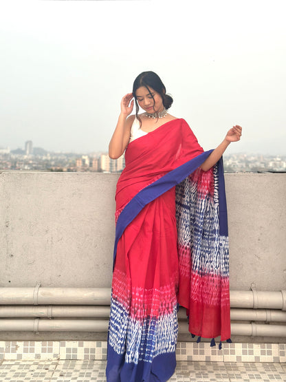 Gulmohar - Red Tie & Dye Shibori Print Natural Dyed - Mulmul Cotton Saree