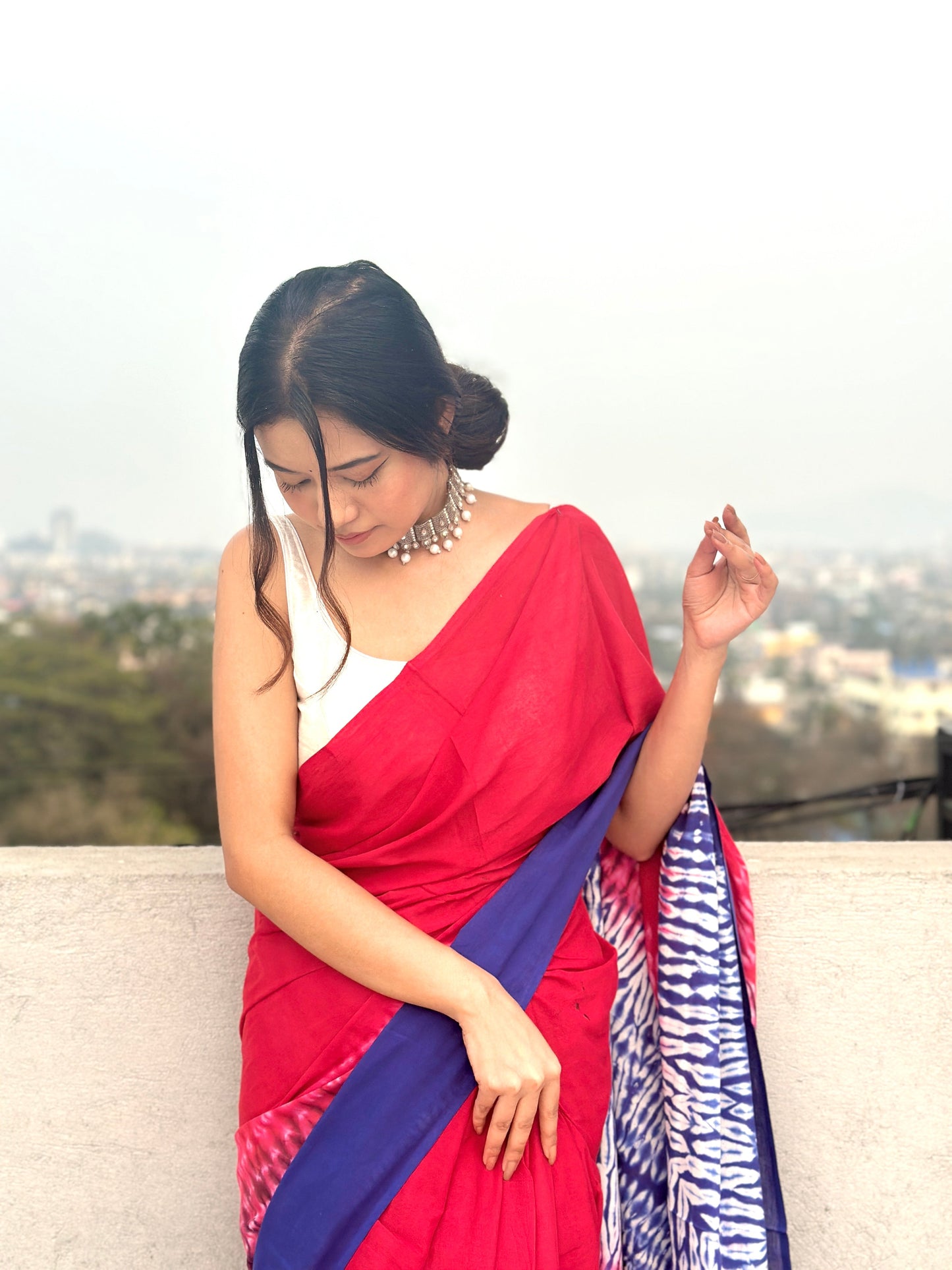 Gulmohar - Red Tie & Dye Shibori Print Natural Dyed - Mulmul Cotton Saree