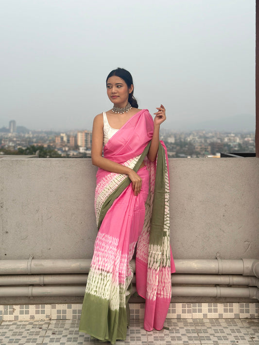 Gulabi Ishq - Pink Tie & Dye Shibori Print Natural Dyed - Mulmul Cotton Saree