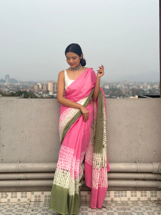 Gulabi Ishq - Pink Tie & Dye Shibori Print Natural Dyed - Mulmul Cotton Saree