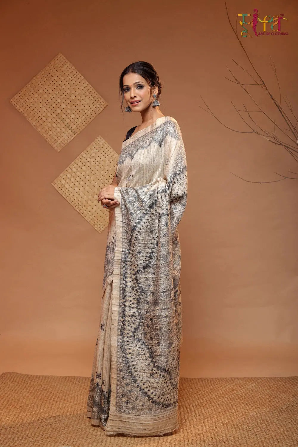 Camel Brown Handloom Tussar Silk Madhubani Art Saree