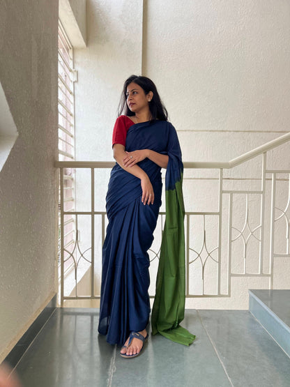 Sabrang - Plain Natural Dyes - Blue Cotton Mulmul Saree