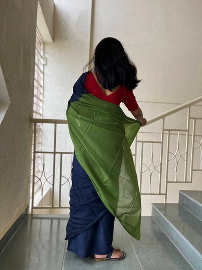 Sabrang - Plain Natural Dyes - Blue Cotton Mulmul Saree