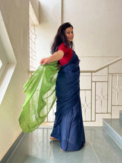 Sabrang - Plain Natural Dyes - Blue Cotton Mulmul Saree