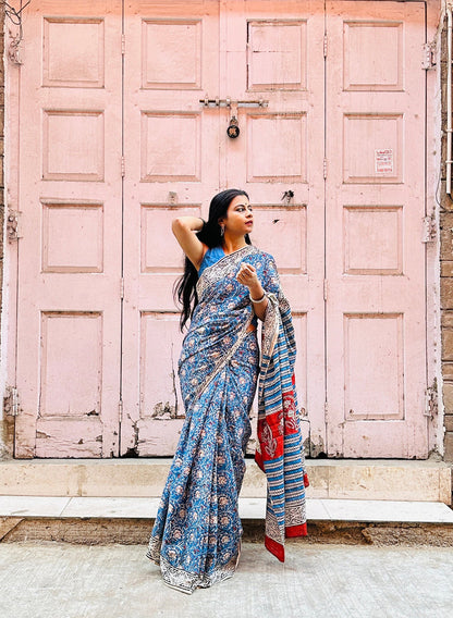 Shaam Mastani - A Symphony of Twilight Elegance - Handblock Print Natural Dyed - Mulmul Cotton Saree