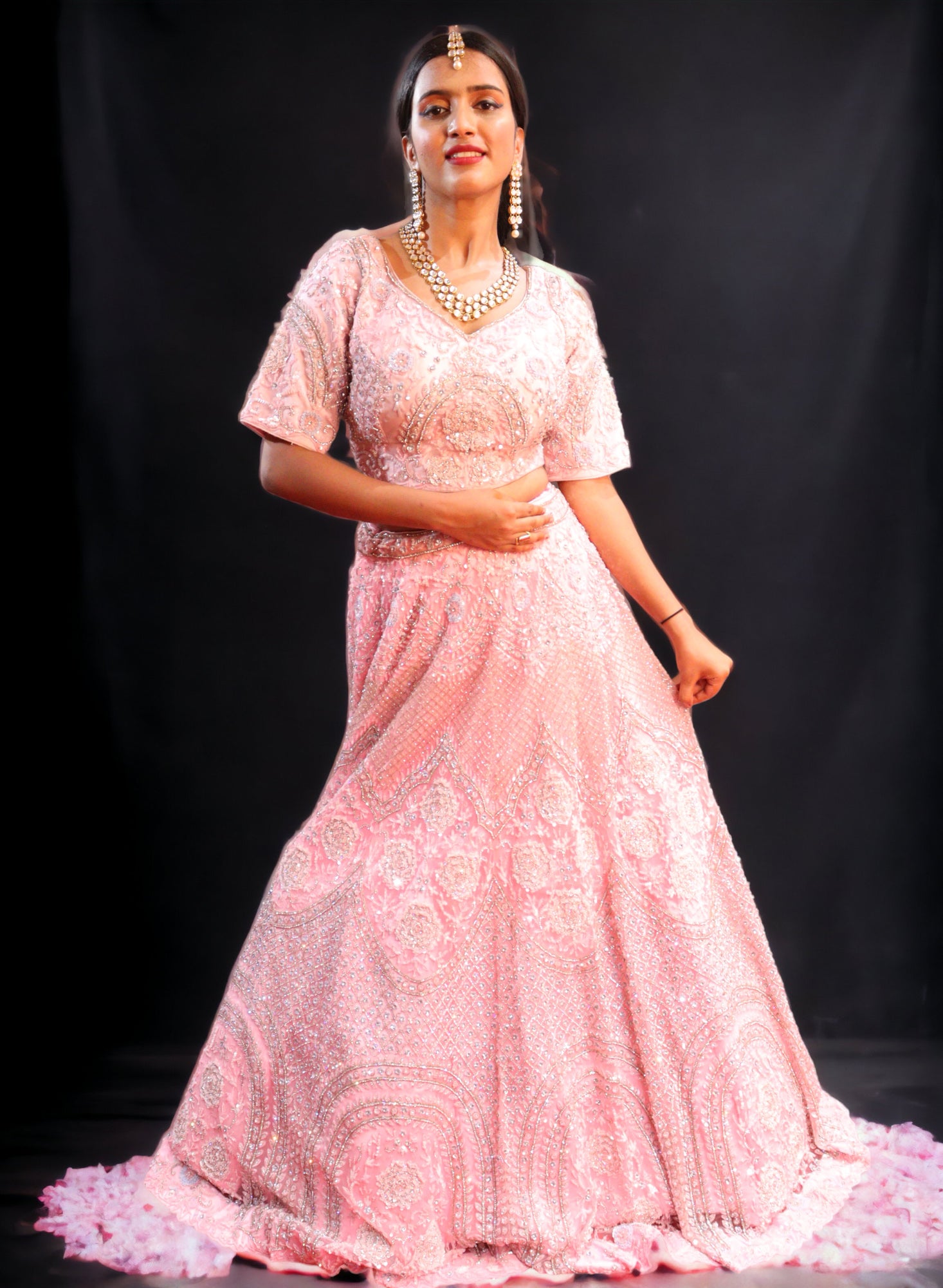 Baby Pink Raw Silk  Hand Embroidered Pearl Sequence Bridal Lehenga