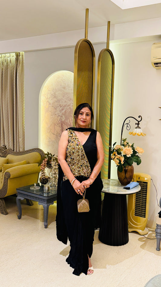 Bewitched Black Dabka Work Georgette Satin Draped Skirt & Blouse