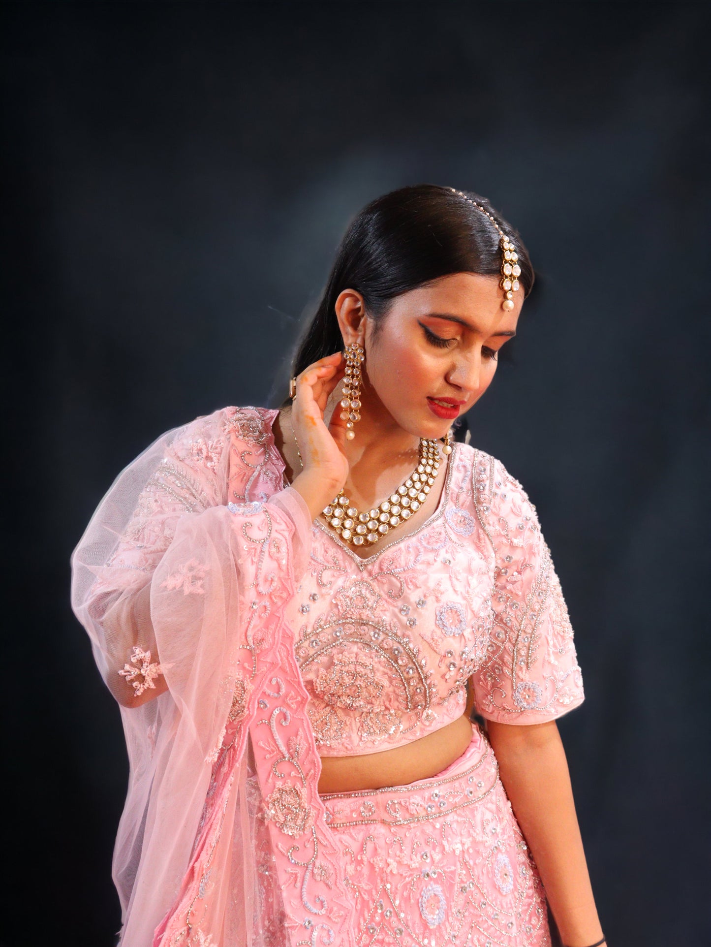 Baby Pink Raw Silk  Hand Embroidered Pearl Sequence Bridal Lehenga
