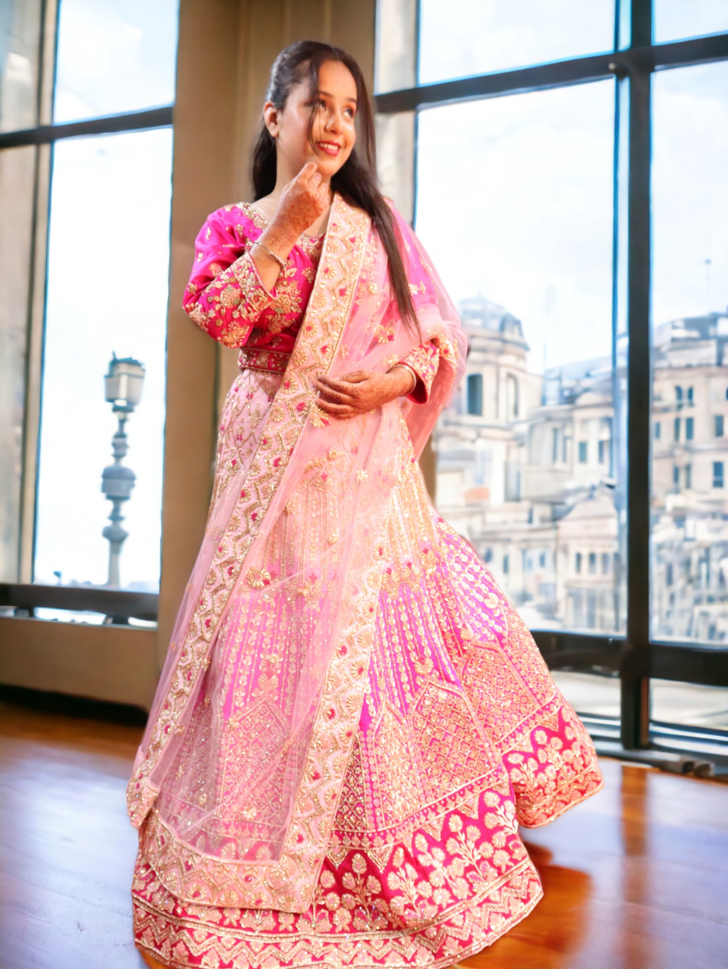 Pink Raw Silk  Hand Embroidered Ombre Bridal Lehenga