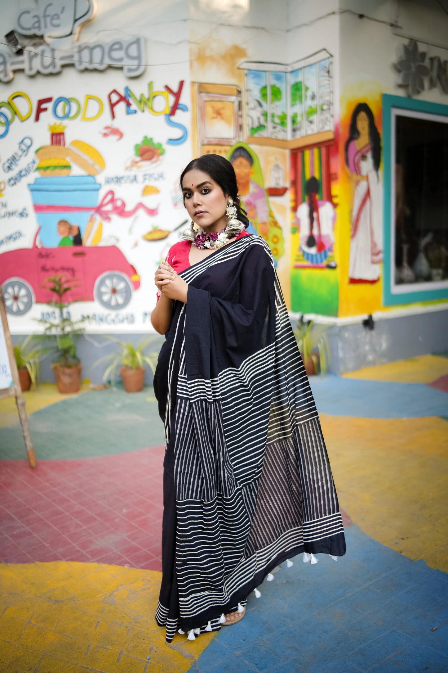 Coal Black - Handblock Print Natural Dyed - Mulmul Cotton Saree