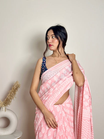 Summer Vacation Collection - Peachy Pink- Handblock Print Natural Dyed - Mulmul Cotton Saree