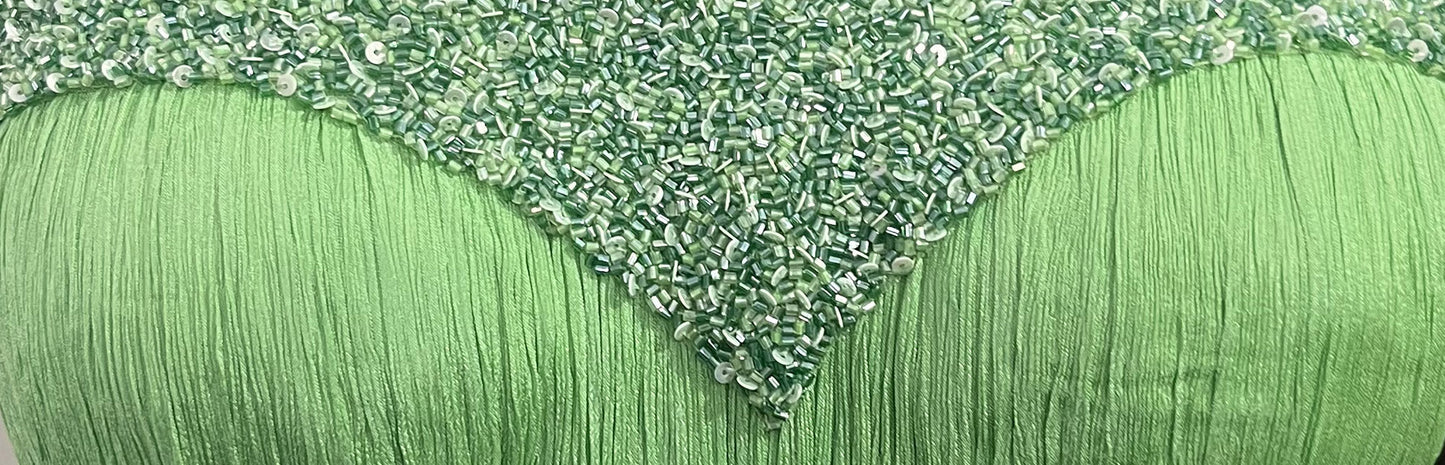 Off-Shoulder Tea-Green  Pure Chinnon Party Wear  Pleated Gown