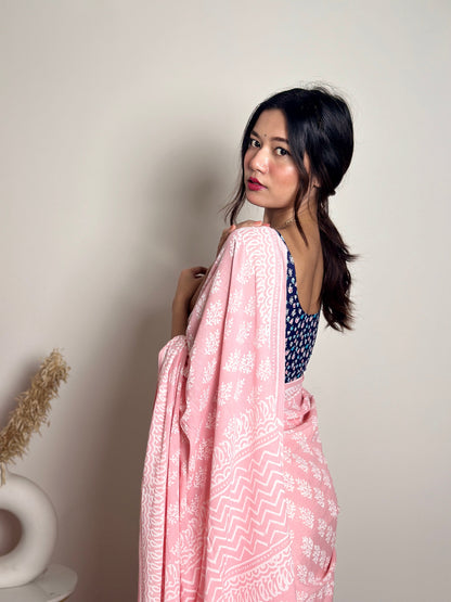 Summer Vacation Collection - Peachy Pink- Handblock Print Natural Dyed - Mulmul Cotton Saree