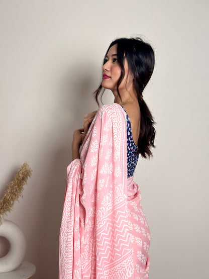 Summer Vacation Collection - Peachy Pink- Handblock Print Natural Dyed - Mulmul Cotton Saree