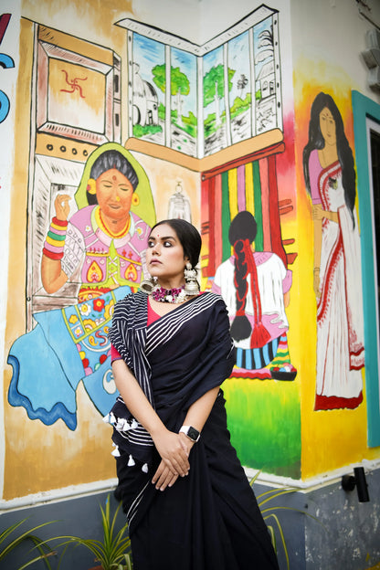 Coal Black - Handblock Print Natural Dyed - Mulmul Cotton Saree
