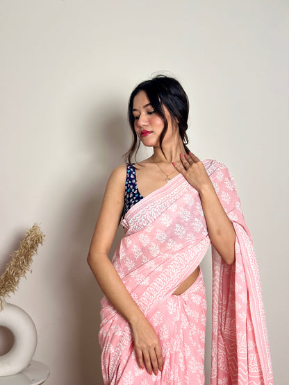 Summer Vacation Collection - Peachy Pink- Handblock Print Natural Dyed - Mulmul Cotton Saree