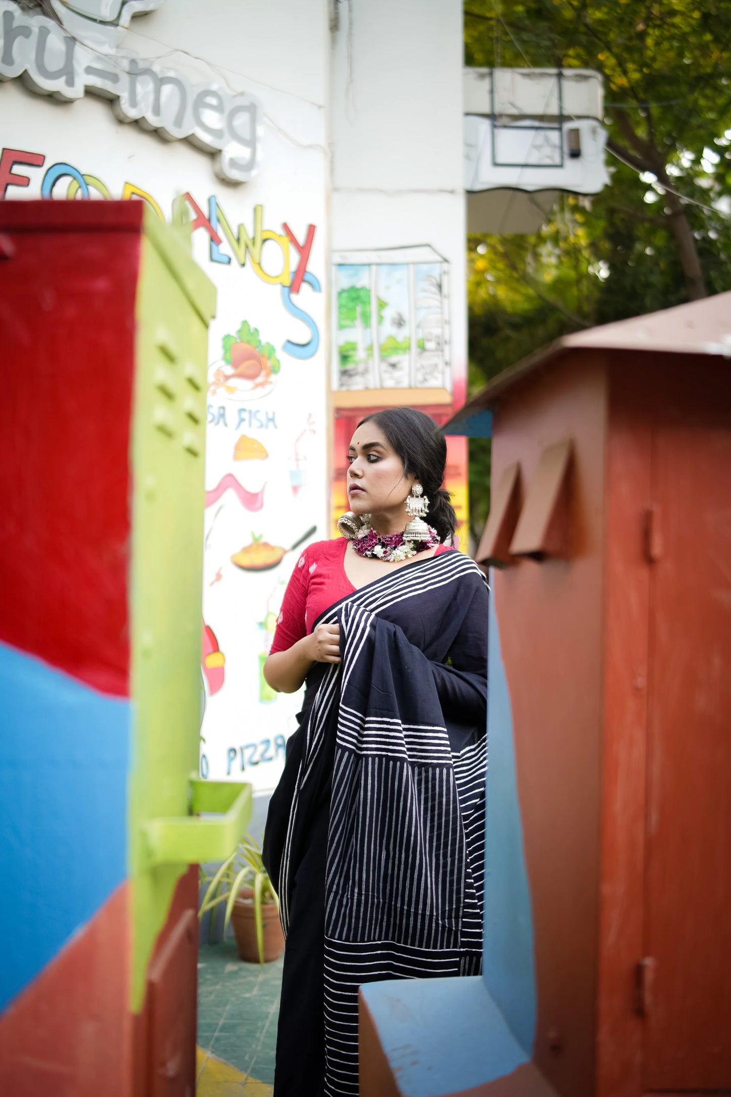 Coal Black - Handblock Print Natural Dyed - Mulmul Cotton Saree