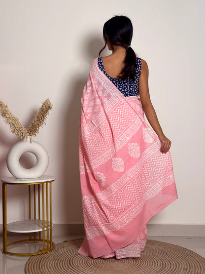 Summer Vacation Collection - Peachy Pink- Handblock Print Natural Dyed - Mulmul Cotton Saree