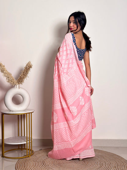Summer Vacation Collection - Peachy Pink- Handblock Print Natural Dyed - Mulmul Cotton Saree