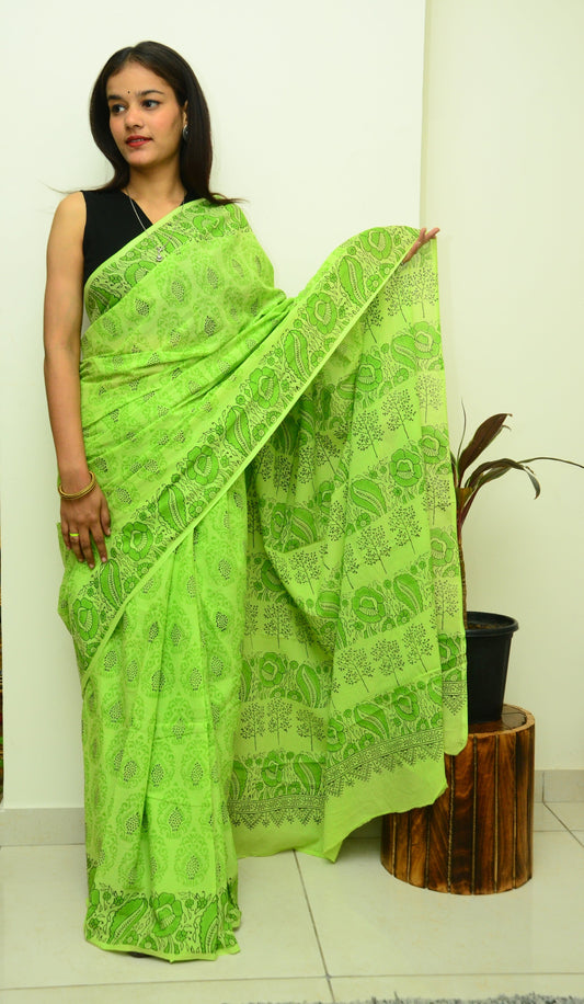 Summer Vacation Collection - Hariya Baag -Green Handblock Print Natural Dyed - Mulmul Cotton Saree