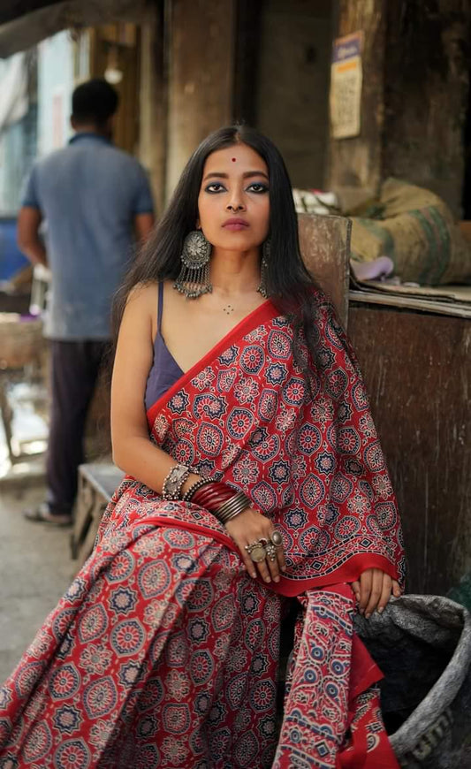 Classical Beauty - Red Ajrakh - Cotton Mulmul Handlock Saree