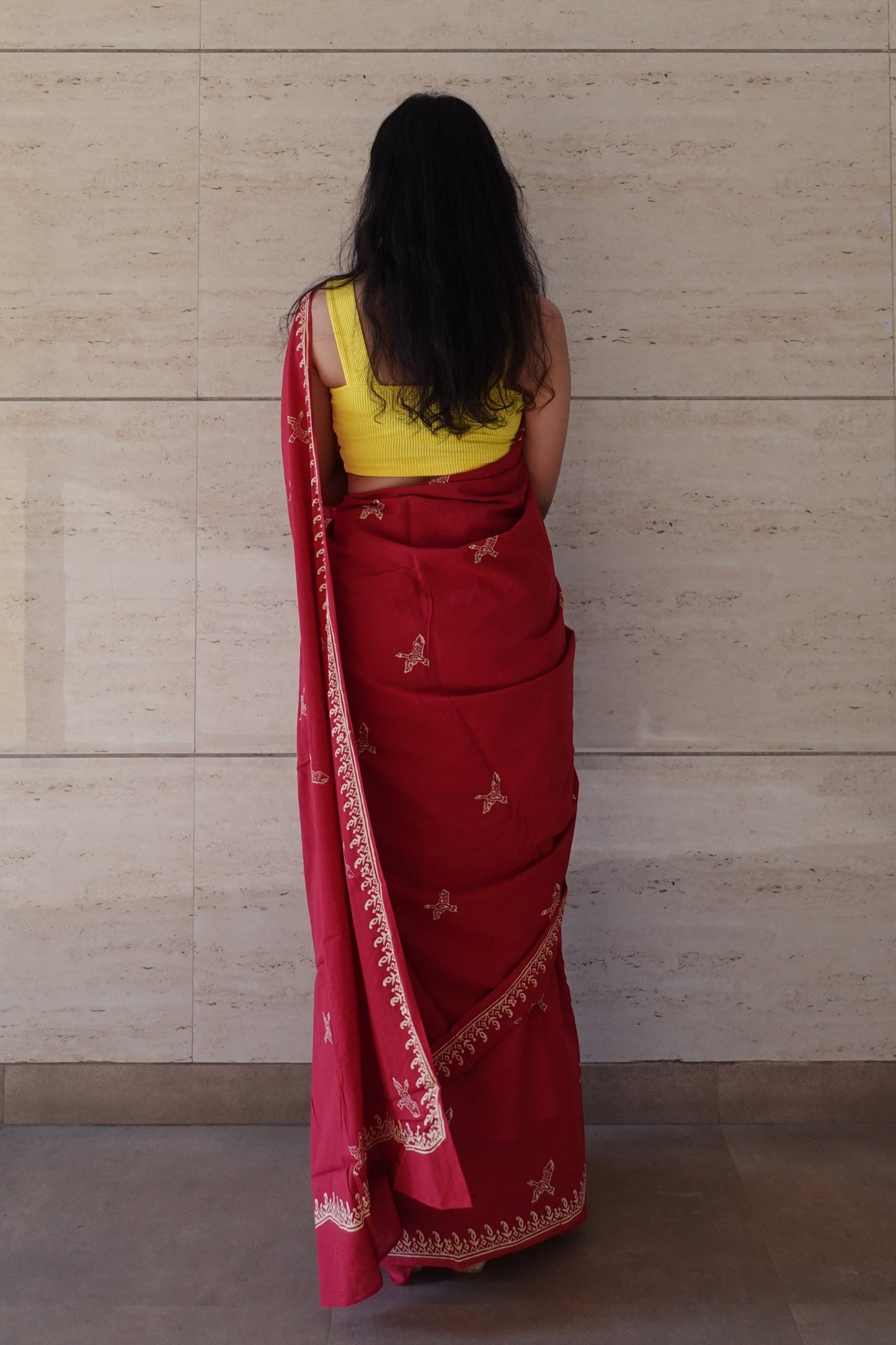 Free Sparrow - Red Handblock Print Natural Dyed - Red Mulmul Cotton Saree