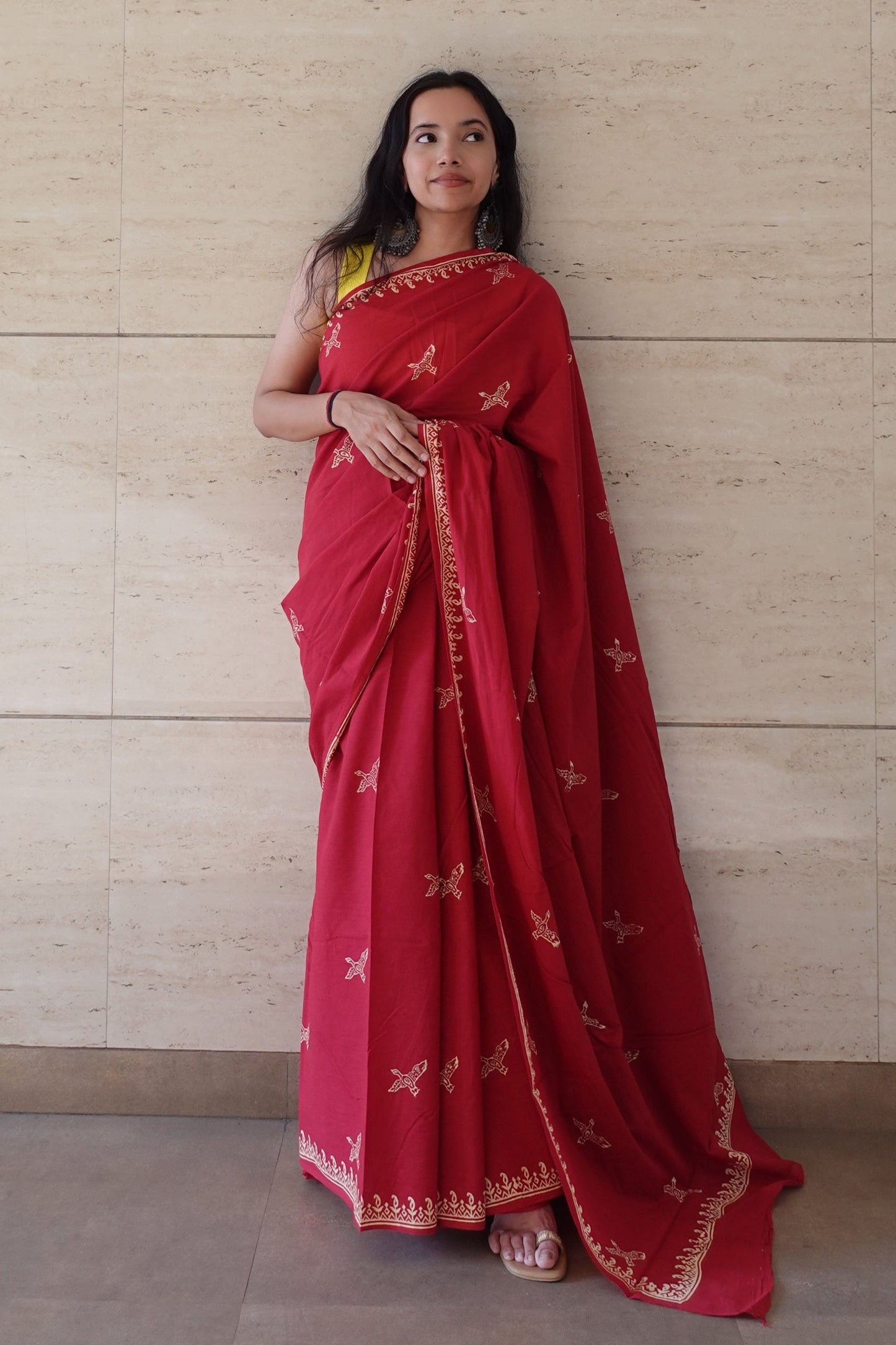 Free Sparrow - Red Handblock Print Natural Dyed - Red Mulmul Cotton Saree