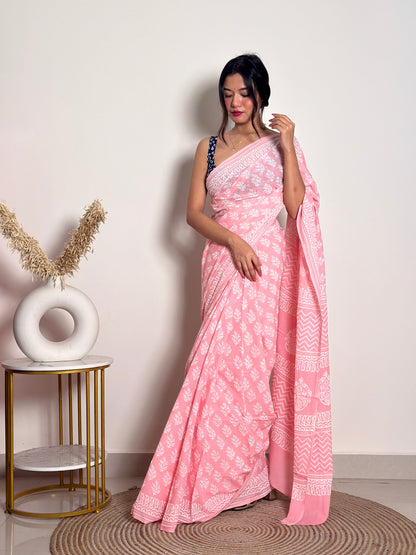 Summer Vacation Collection - Peachy Pink- Handblock Print Natural Dyed - Mulmul Cotton Saree