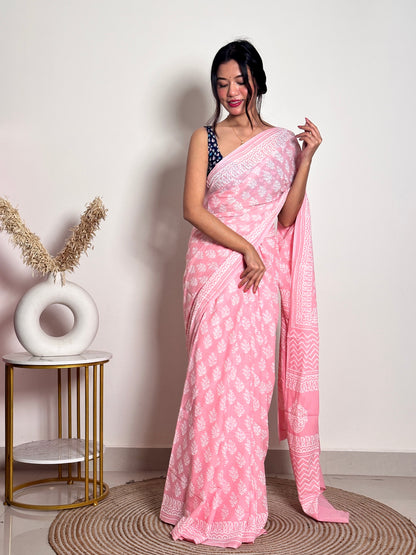 Summer Vacation Collection - Peachy Pink- Handblock Print Natural Dyed - Mulmul Cotton Saree